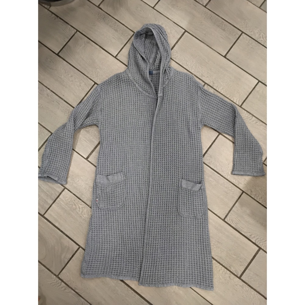 ONSEN Waffle Knit Hooded Robe Cardigan Light Blue Size‎ L Long Sleeve Pockets